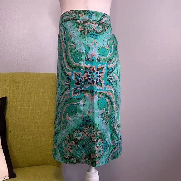J Crew Green Medallion Cotton The Pencil Straight Skirt 2 - Picture 3 of 5